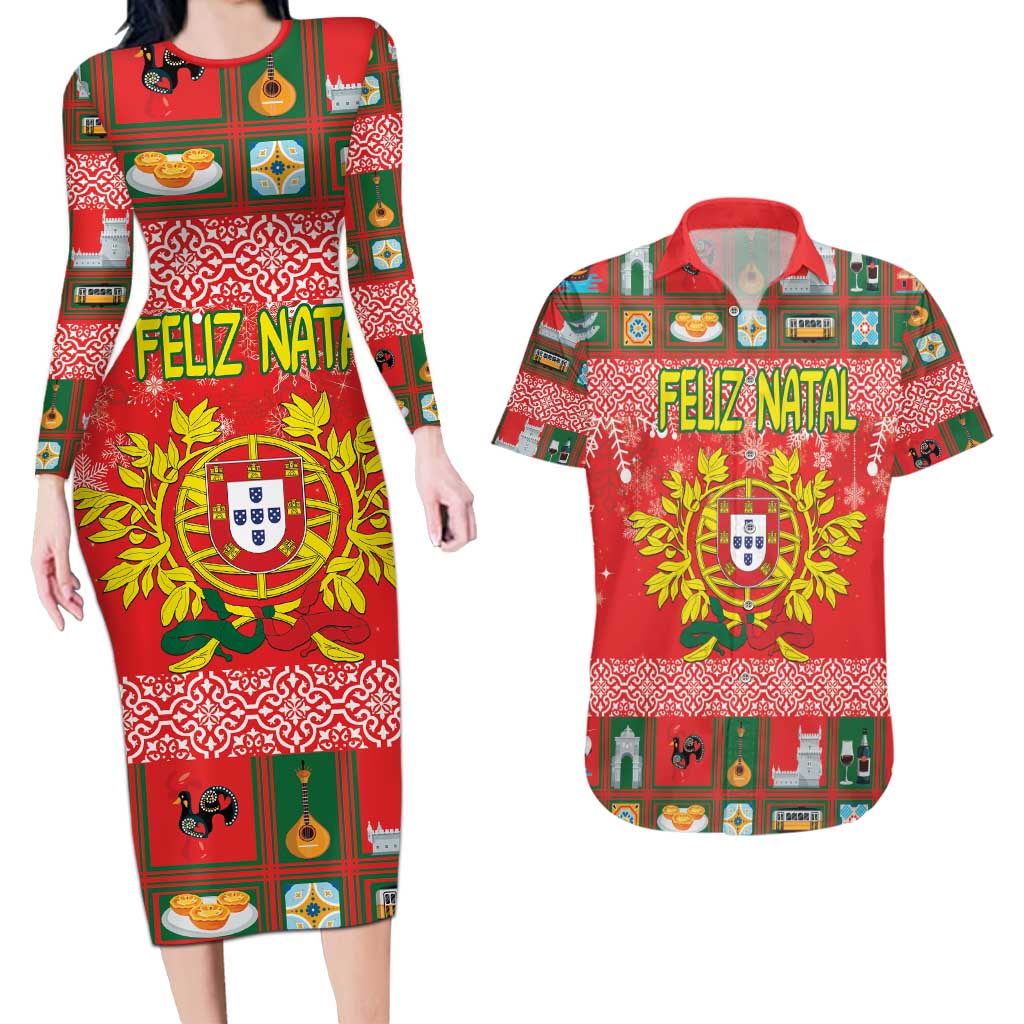 Personalized Portugal Christmas Couples Matching Long Sleeve Bodycon Dress and Hawaiian Shirt Coat Of Arms - Feliz Natal - Wonder Print Shop