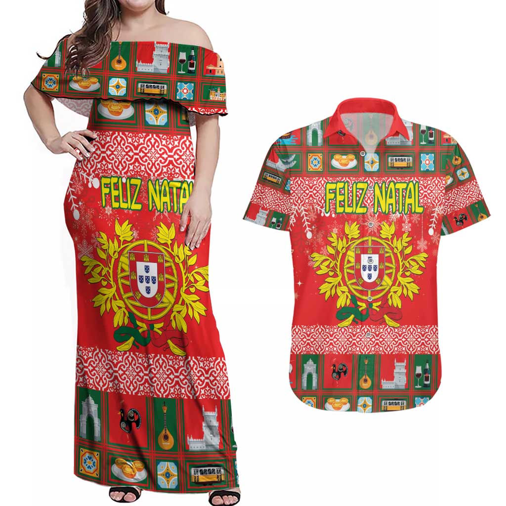 Personalized Portugal Christmas Couples Matching Off Shoulder Maxi Dress and Hawaiian Shirt Coat Of Arms - Feliz Natal - Wonder Print Shop