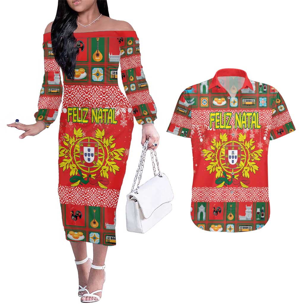 Personalized Portugal Christmas Couples Matching Off The Shoulder Long Sleeve Dress and Hawaiian Shirt Coat Of Arms - Feliz Natal - Wonder Print Shop