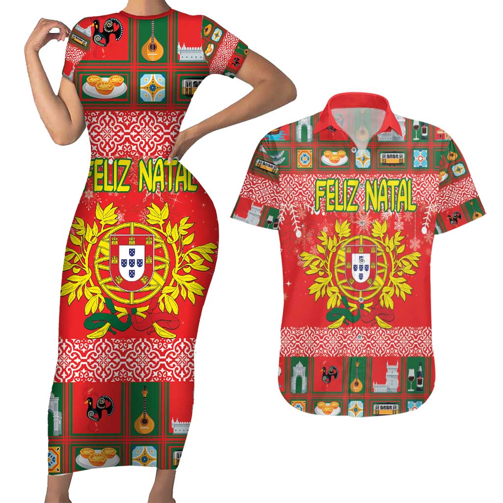 Personalized Portugal Christmas Couples Matching Short Sleeve Bodycon Dress and Hawaiian Shirt Coat Of Arms - Feliz Natal - Wonder Print Shop