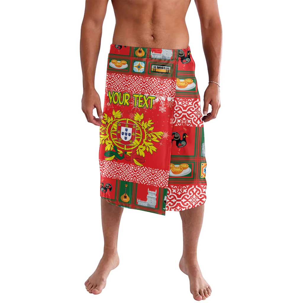 Red patterned lavalava shorts with elastic waistband and coat-of-arms crest