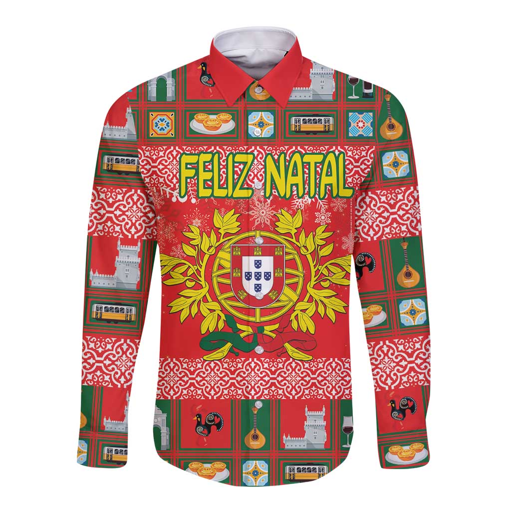 Red long-sleeve shirt with Feliz Natal holiday print and Portugal coat of arms