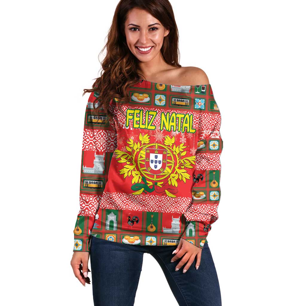 Personalized Portugal Christmas Off Shoulder Sweater Coat Of Arms - Feliz Natal - Wonder Print Shop