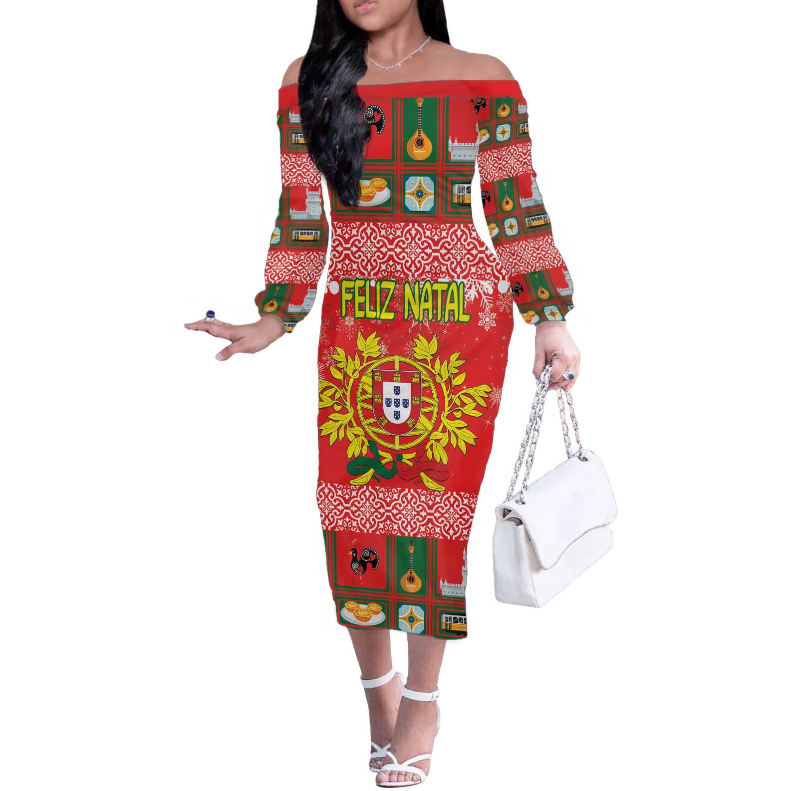 Personalized Portugal Christmas Off The Shoulder Long Sleeve Dress Coat Of Arms - Feliz Natal - Wonder Print Shop