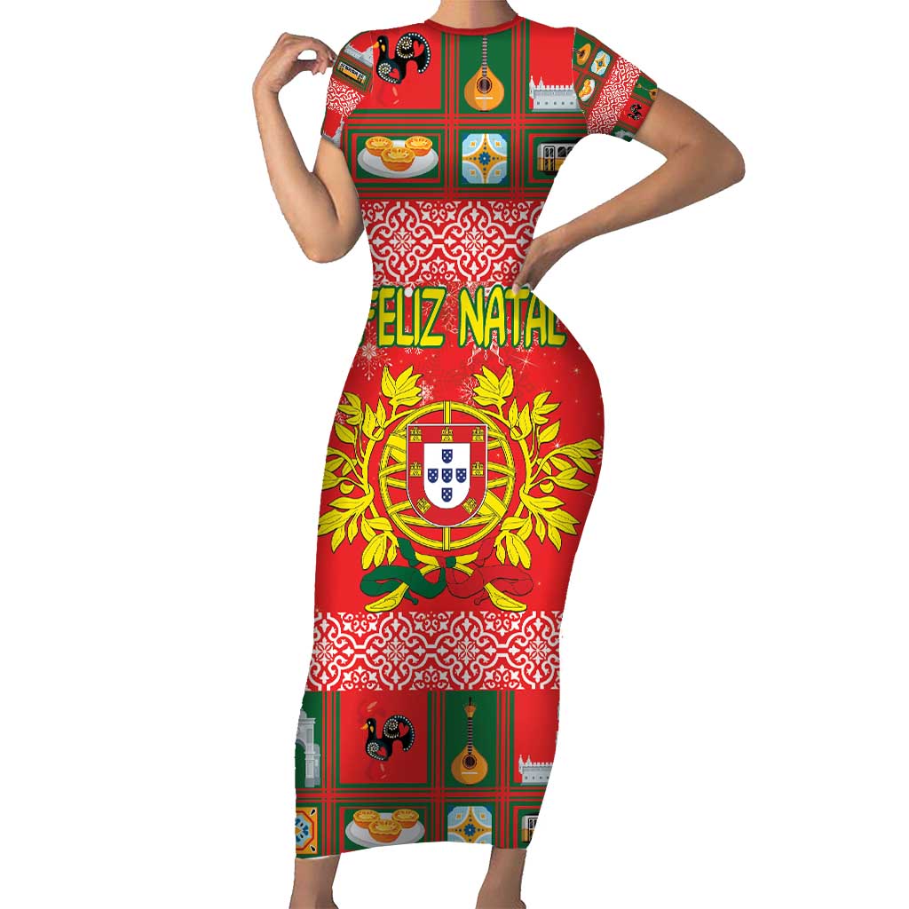 Personalized Portugal Christmas Short Sleeve Bodycon Dress Coat Of Arms - Feliz Natal - Wonder Print Shop