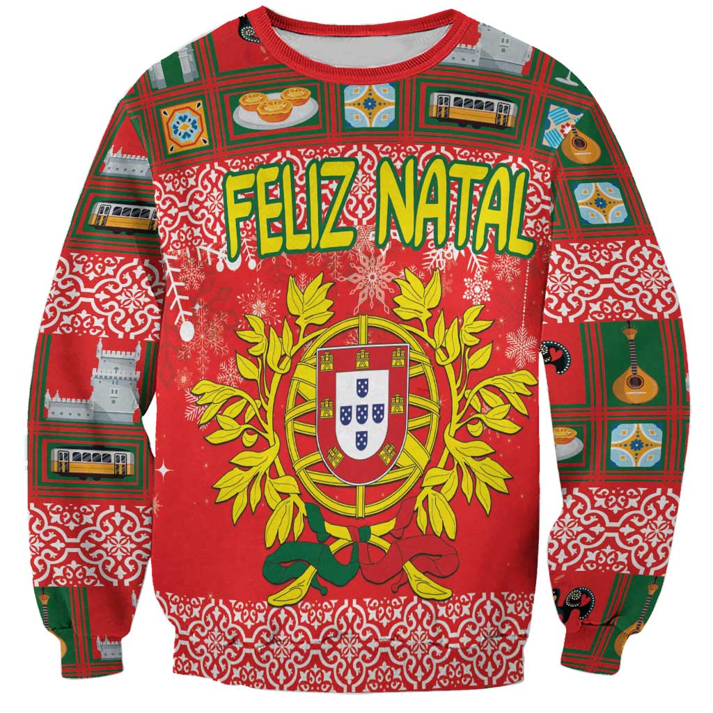 Red Christmas sweatshirt with Portugal crest and 'Feliz Natal' graphic