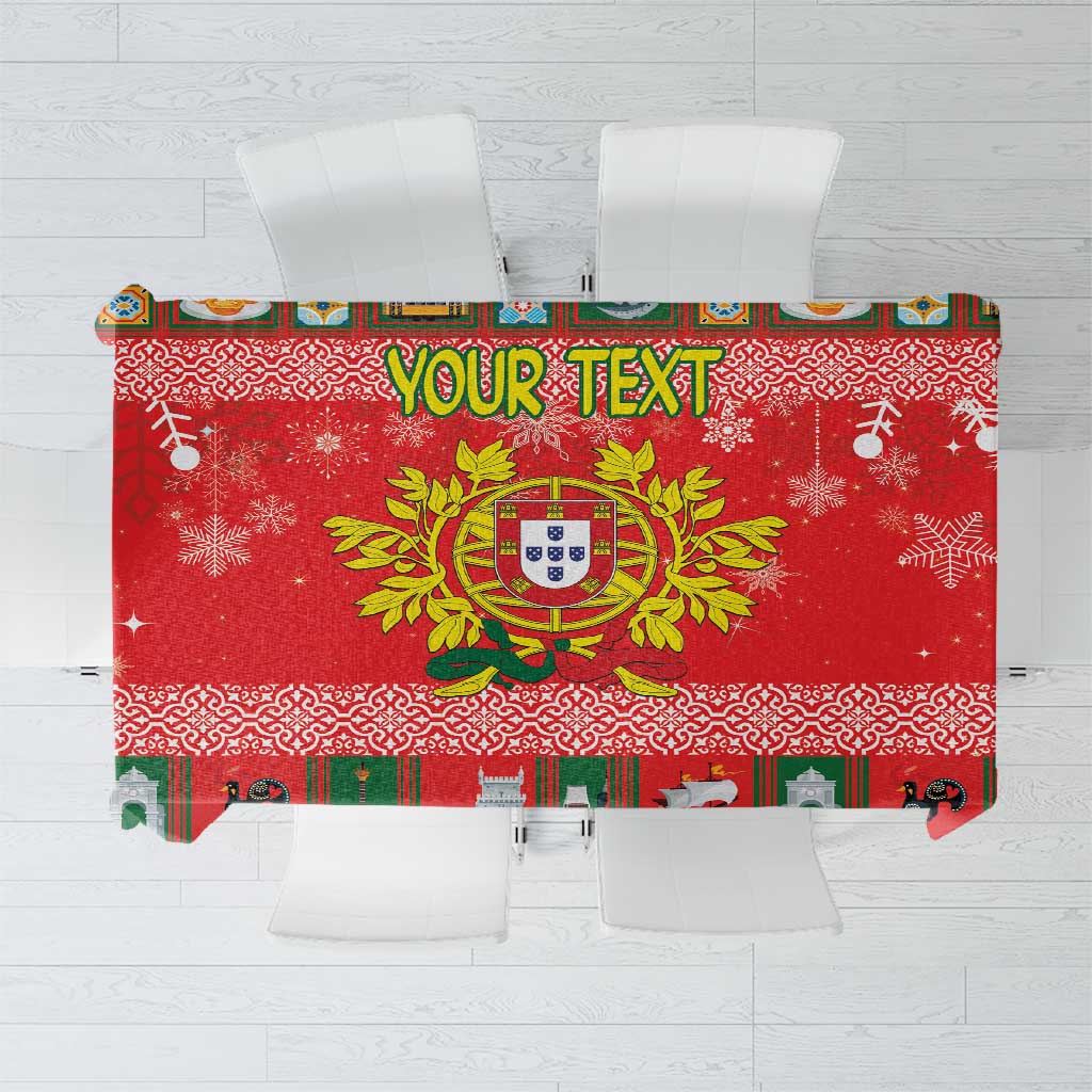 Red Christmas tablecloth with Portugal coat of arms crest and green "Your Text" area