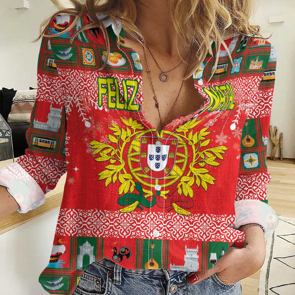 Personalized Portugal Christmas Women Casual Shirt Coat Of Arms - Feliz Natal