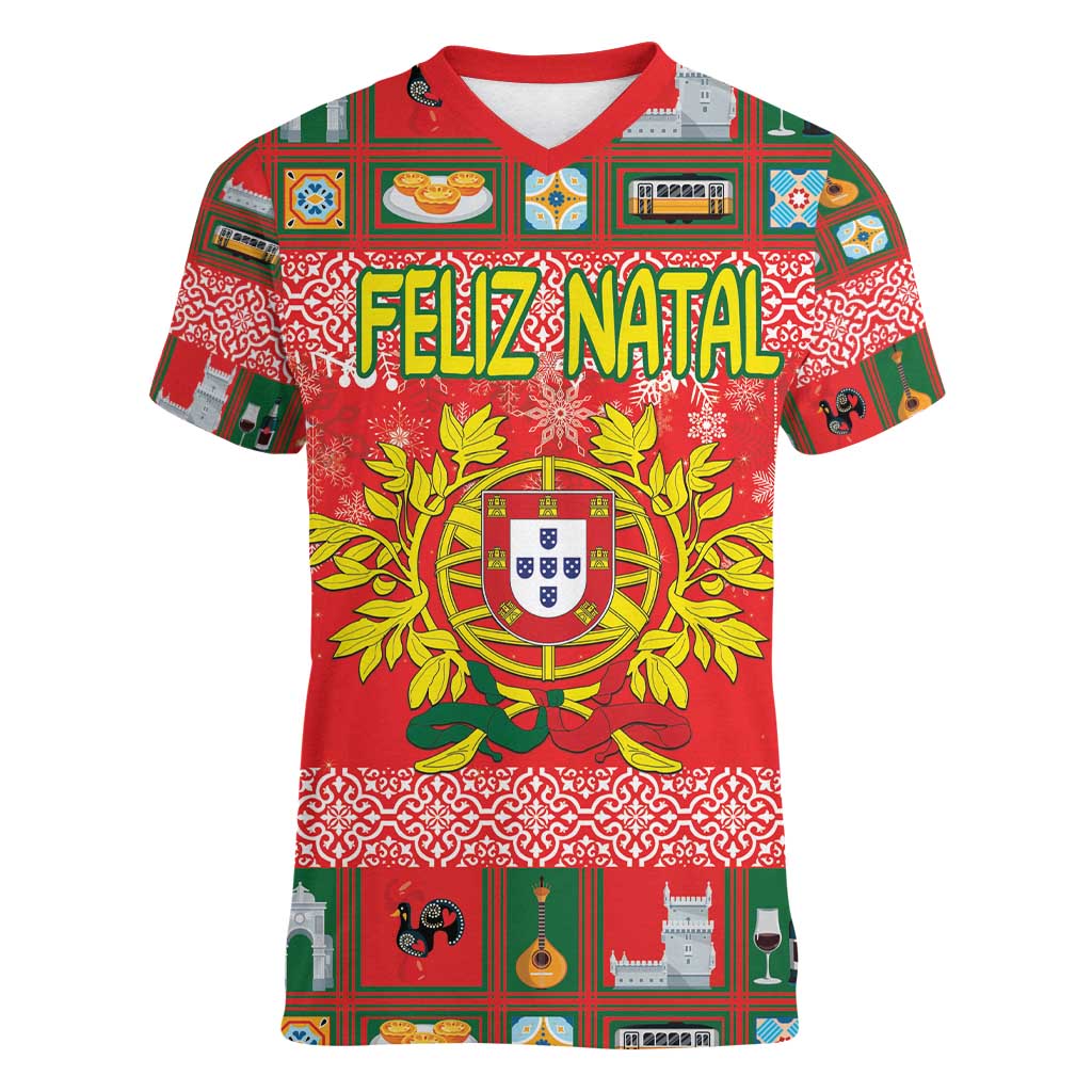 Personalized Portugal Christmas Women V-Neck T-Shirt Coat Of Arms - Feliz Natal - Wonder Print Shop