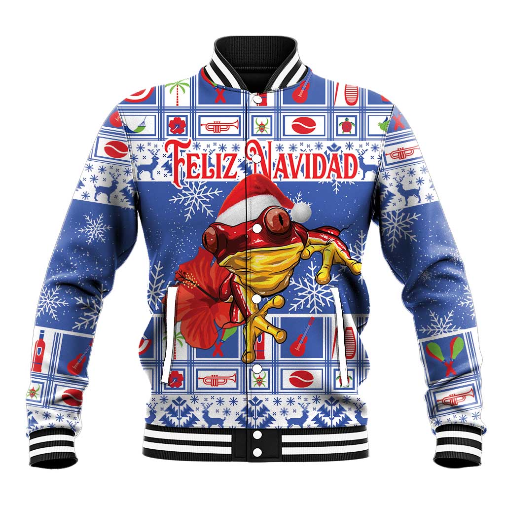 Blue varsity baseball jacket with ribbed collar and Feliz Navidad frog graphic
