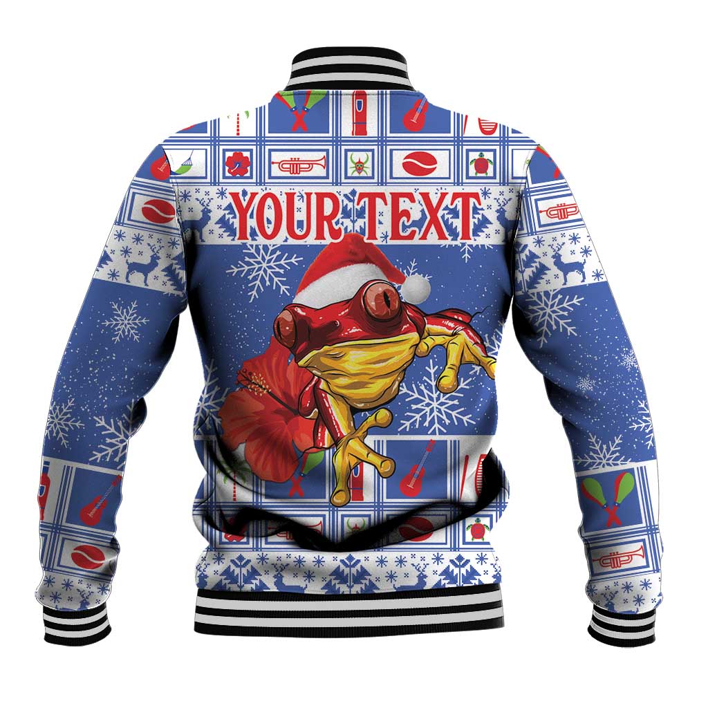 Blue varsity baseball jacket with ribbed collar and YOUR TEXT frog holiday graphic