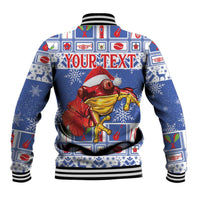 Blue varsity baseball jacket with ribbed collar and YOUR TEXT frog holiday graphic