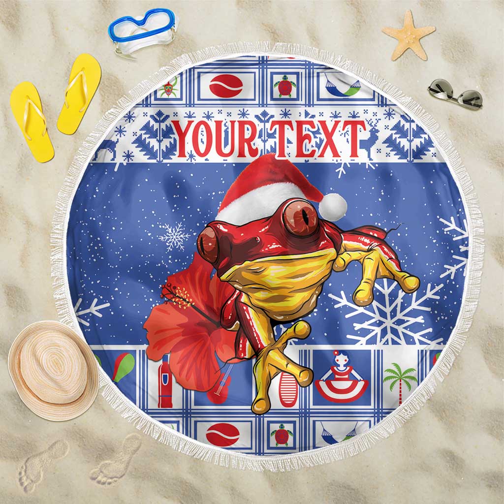 Personalized round blue Christmas beach blanket with tassel fringe and 'YOURTEXT' print