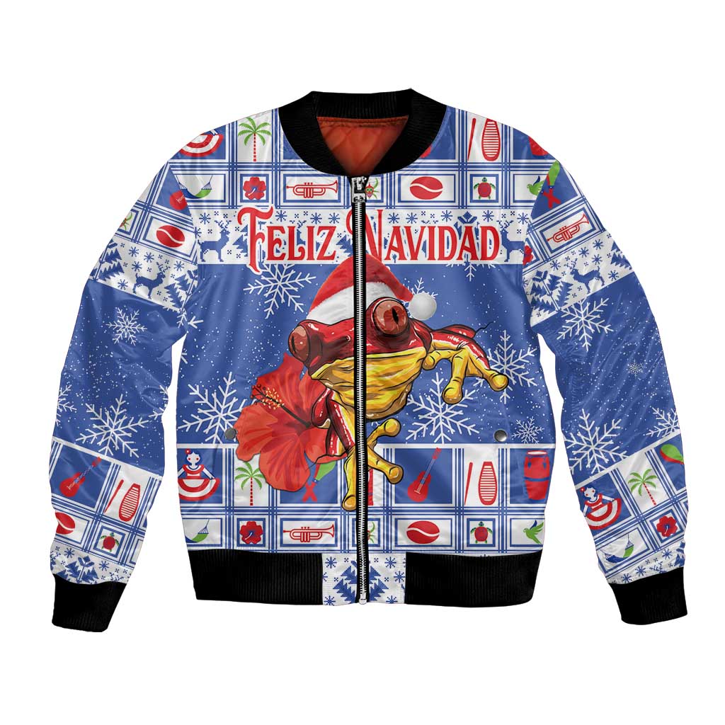 Blue Christmas bomber jacket with Feliz Navidad graphic and character art, black ribbed cuffs