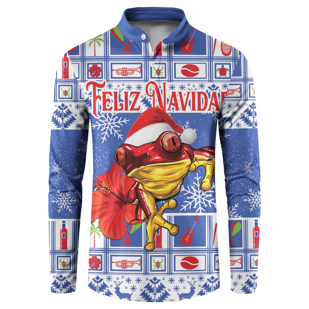 Blue button-up sweatshirt with coqui frog Feliz Navidad holiday print
