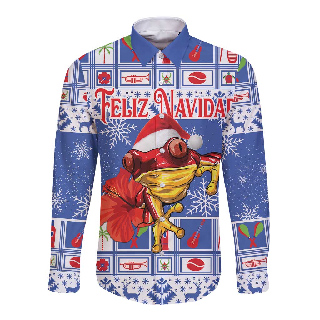 Blue long-sleeve button shirt with festive Feliz Navidad print and holiday characters