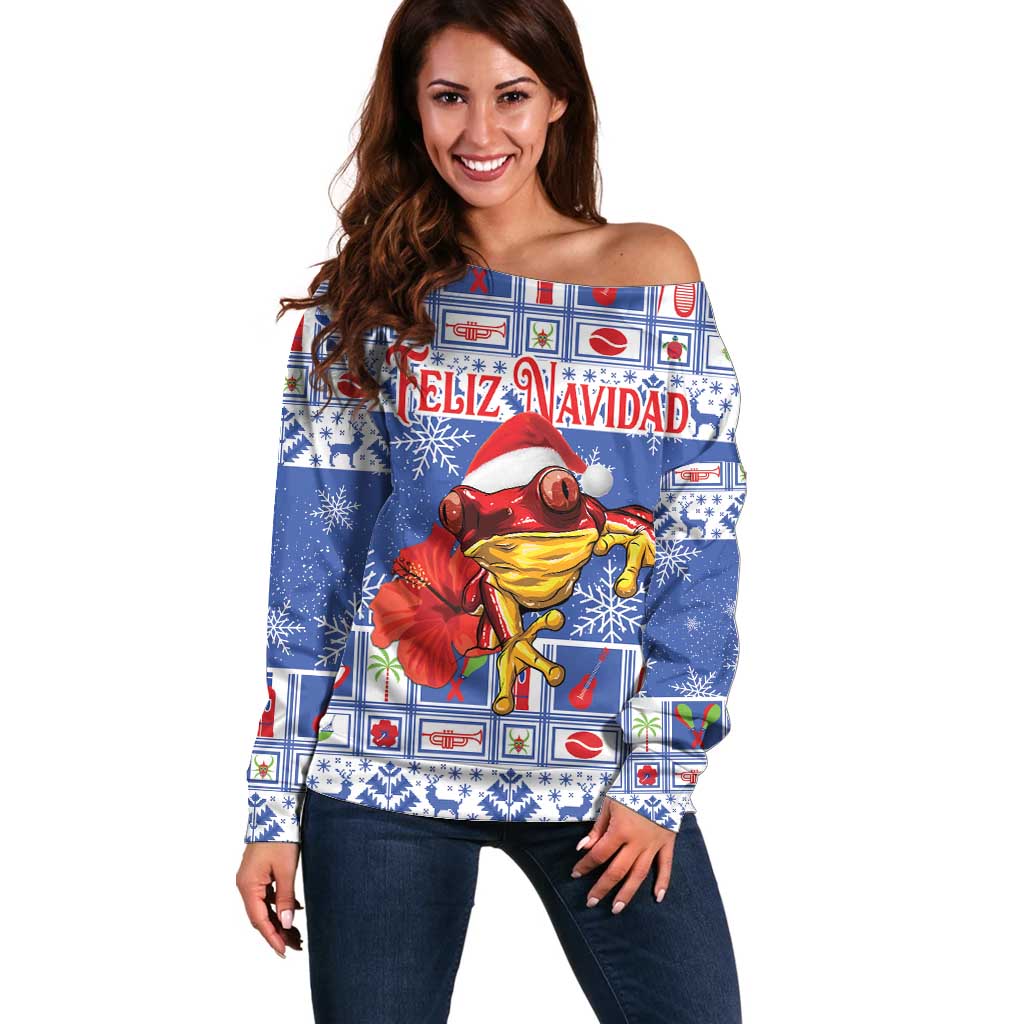 Personalized Puerto Rico Christmas Off Shoulder Sweater Coqui With Red Maga Flower - Wonder Print Shop