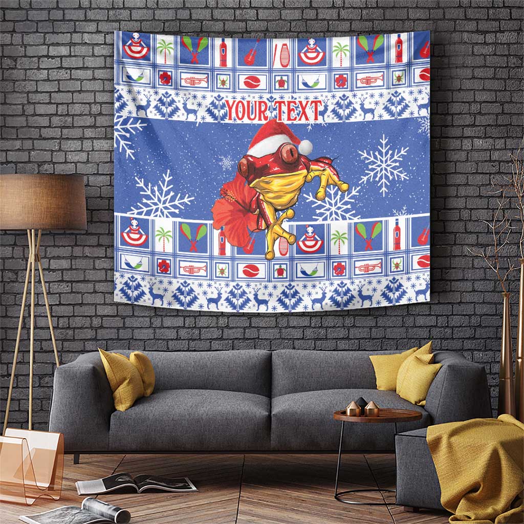Personalized Christmas tapestry with blue winter pattern, frog character, and red "YOUR TEXT"