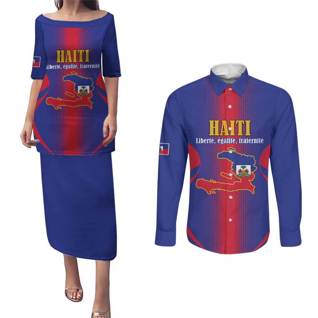 Haiti Pride Personalized Couples Matching Puletasi and Long Sleeve Button Shirt Neg Marron Haitian Heritage - Wonder Print Shop