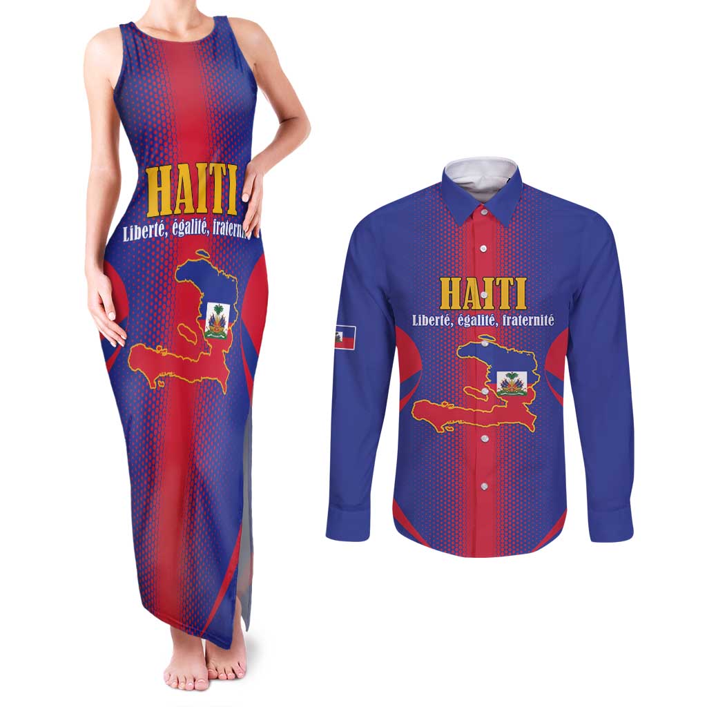 Haiti Pride Personalized Couples Matching Tank Maxi Dress and Long Sleeve Button Shirt Neg Marron Haitian Heritage - Wonder Print Shop