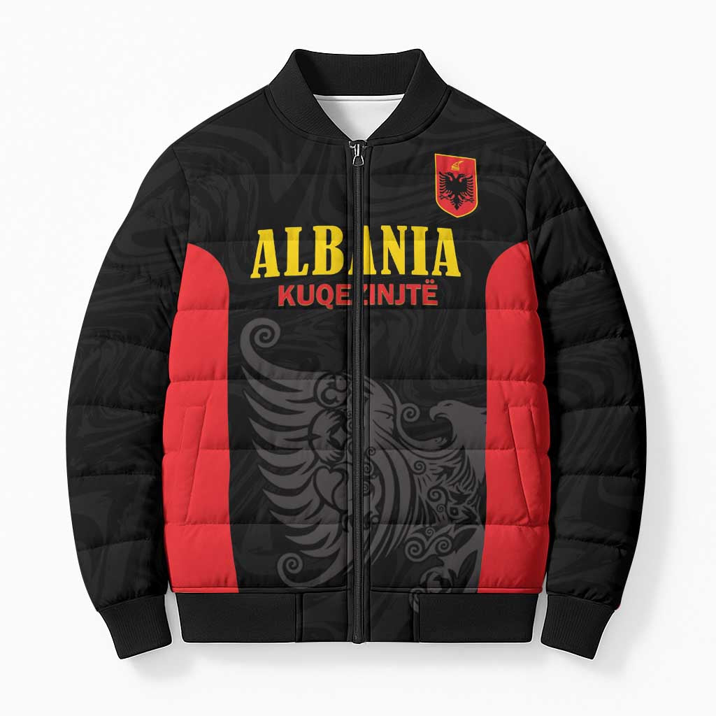 Custom Albania Football Pride Bomber Puffer Jacket Kuqezinjte Eagle Black Version - Wonder Print Shop