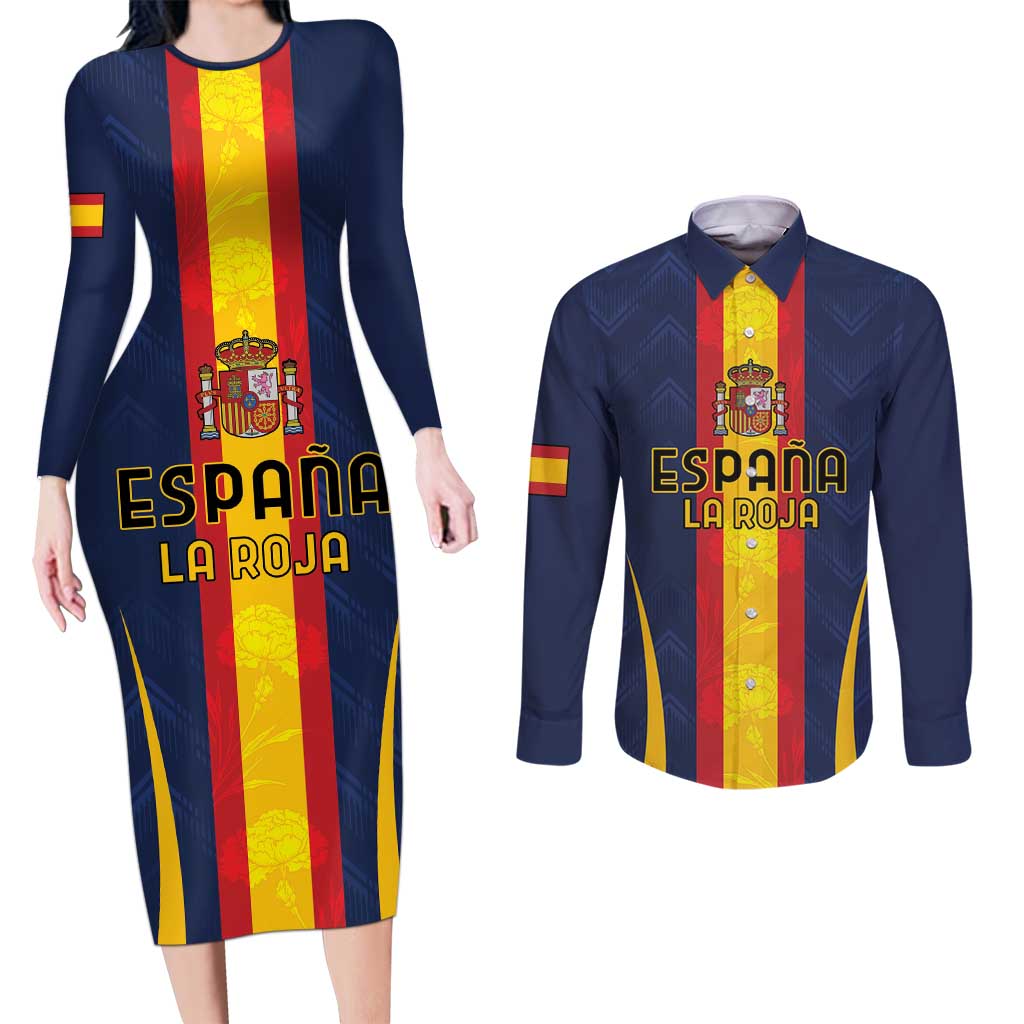 Custom Spain Football Couples Matching Long Sleeve Bodycon Dress and Long Sleeve Button Shirt La Roja With Carnation Pattern