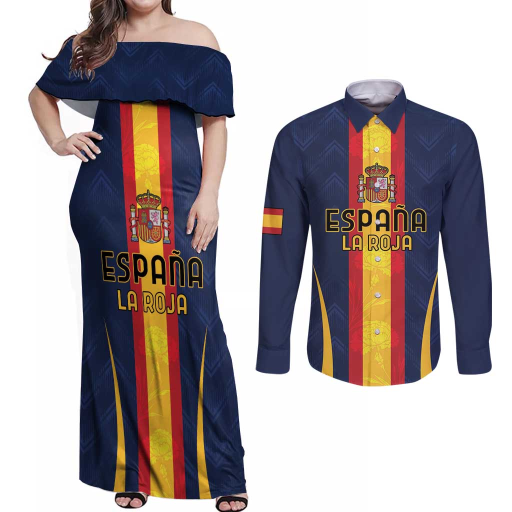 Custom Spain Football Couples Matching Off Shoulder Maxi Dress and Long Sleeve Button Shirt La Roja With Carnation Pattern