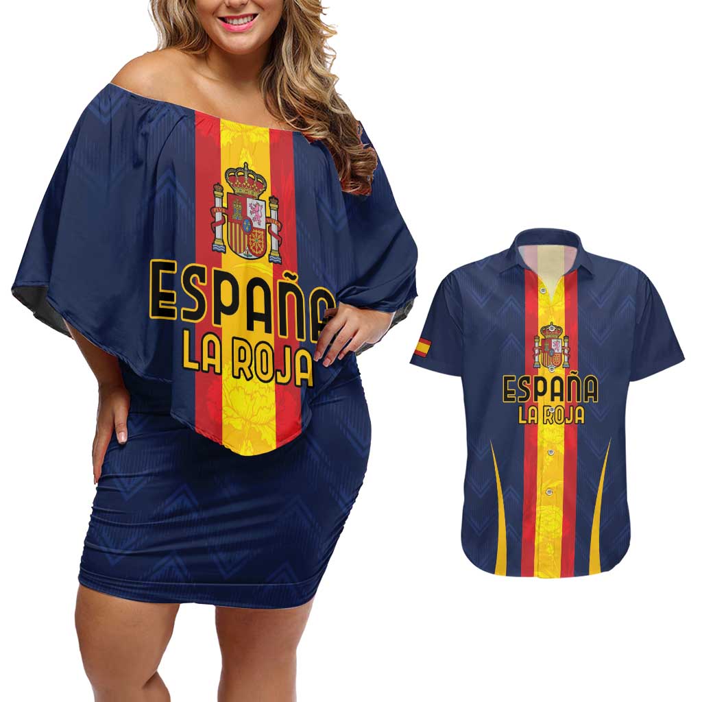 Custom Spain Football Couples Matching Off Shoulder Short Dress and Hawaiian Shirt La Roja With Carnation Pattern