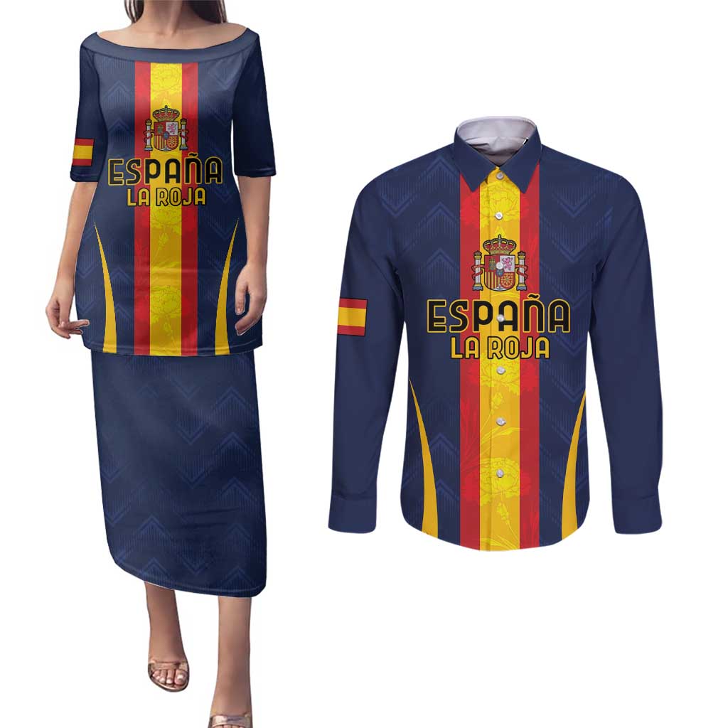 Custom Spain Football Couples Matching Puletasi and Long Sleeve Button Shirt La Roja With Carnation Pattern