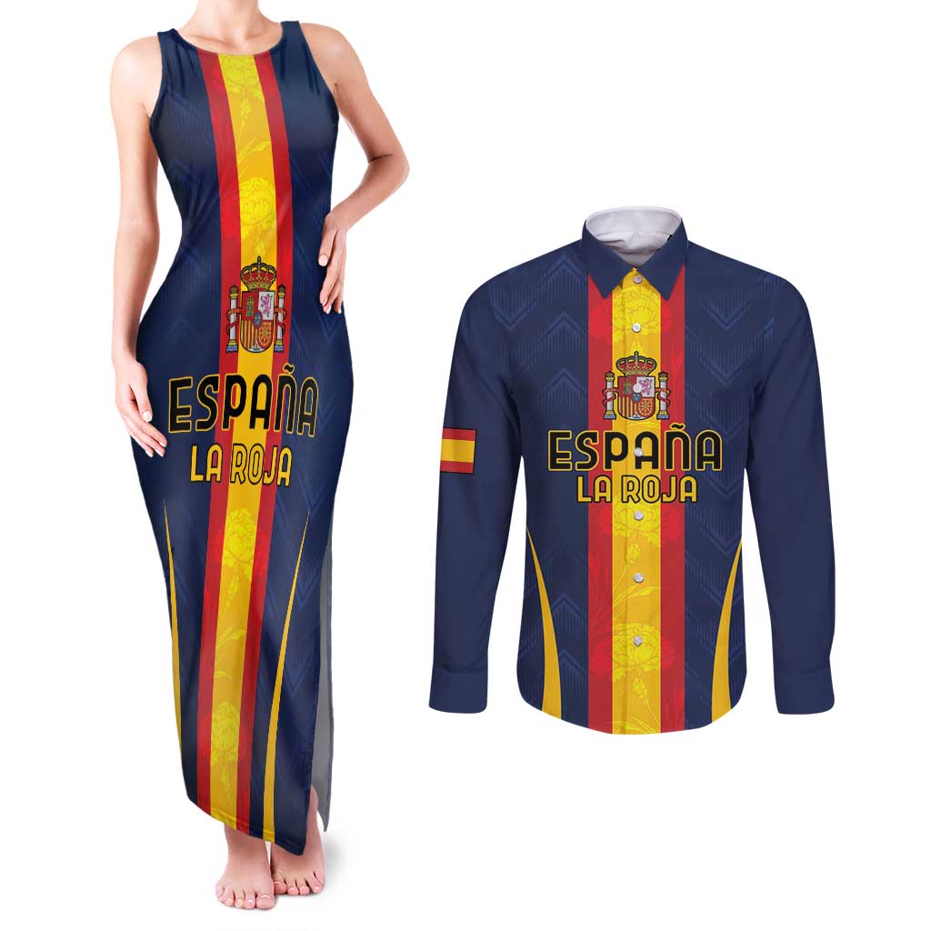 Custom Spain Football Couples Matching Tank Maxi Dress and Long Sleeve Button Shirt La Roja With Carnation Pattern