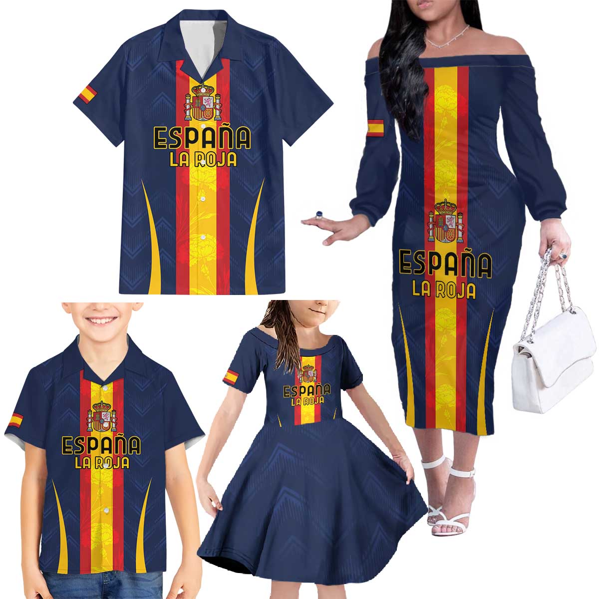 Custom Spain Football Family Matching Off The Shoulder Long Sleeve Dress and Hawaiian Shirt La Roja With Carnation Pattern