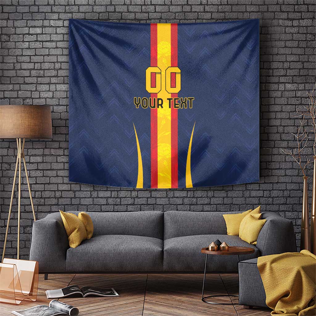 Blue Spain football-themed tapestry with gold emblem, red-yellow stripe center, custom text.