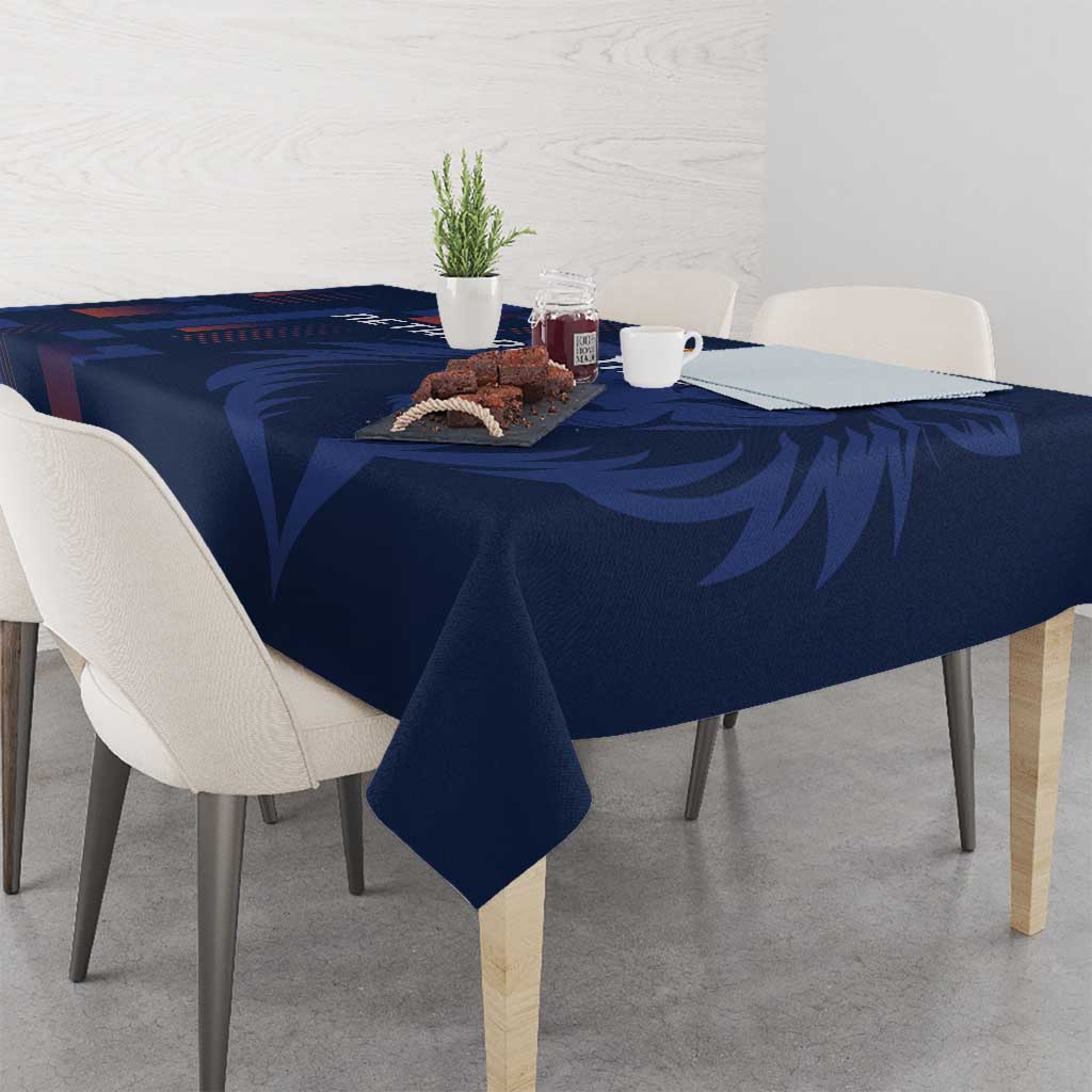 Netherlands football tablecloth, dark blue, draped table with lion head motif