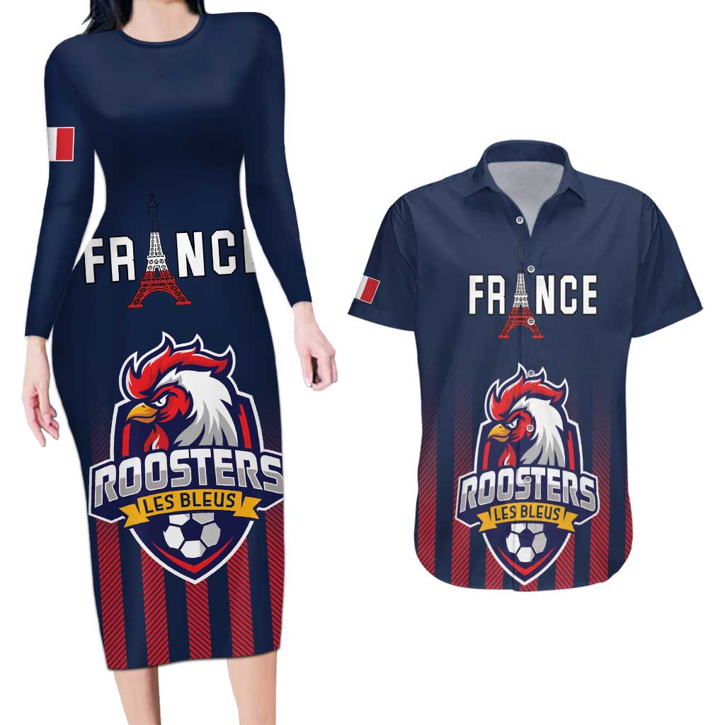 Custom France Football Couples Matching Long Sleeve Bodycon Dress and Hawaiian Shirt Les Bleus Gallic Rooster