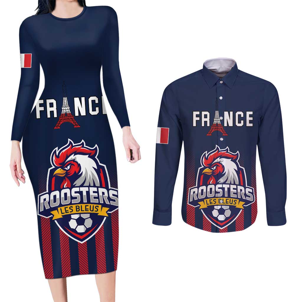 Custom France Football Couples Matching Long Sleeve Bodycon Dress and Long Sleeve Button Shirt Les Bleus Gallic Rooster