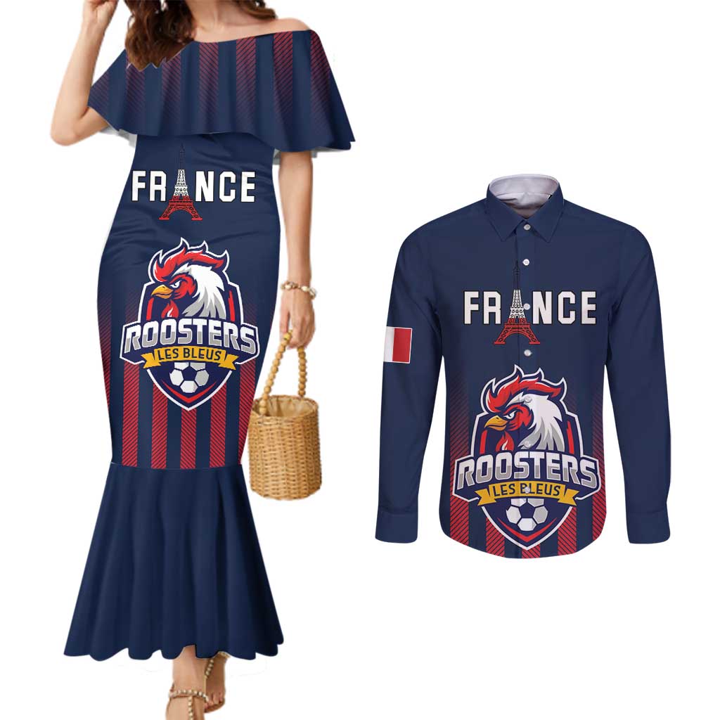 Custom France Football Couples Matching Mermaid Dress and Long Sleeve Button Shirt Les Bleus Gallic Rooster