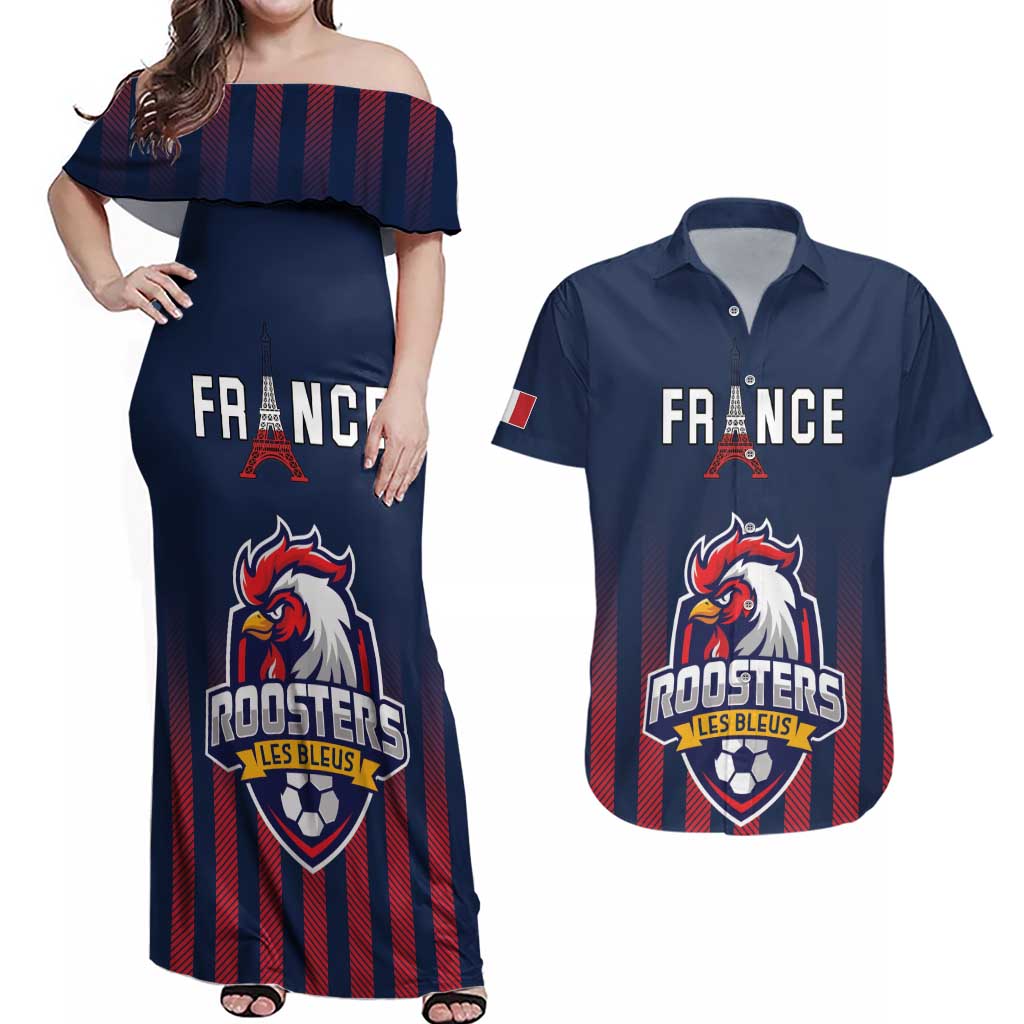 Custom France Football Couples Matching Off Shoulder Maxi Dress and Hawaiian Shirt Les Bleus Gallic Rooster