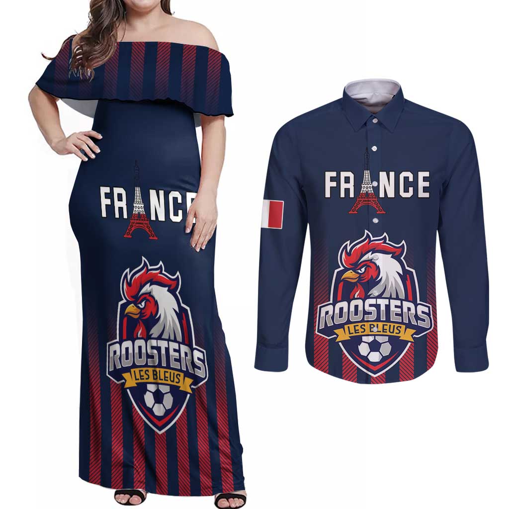 Custom France Football Couples Matching Off Shoulder Maxi Dress and Long Sleeve Button Shirt Les Bleus Gallic Rooster