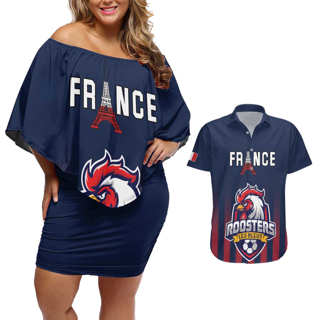 Custom France Football Couples Matching Off Shoulder Short Dress and Hawaiian Shirt Les Bleus Gallic Rooster