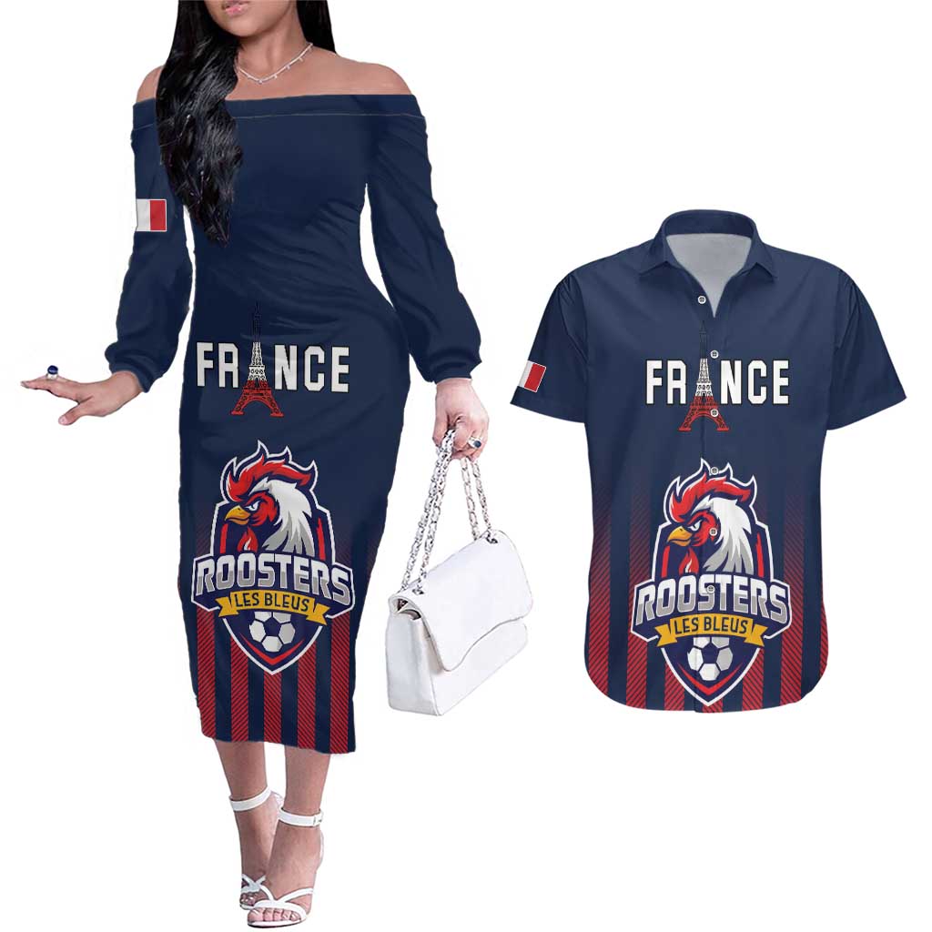 Custom France Football Couples Matching Off The Shoulder Long Sleeve Dress and Hawaiian Shirt Les Bleus Gallic Rooster