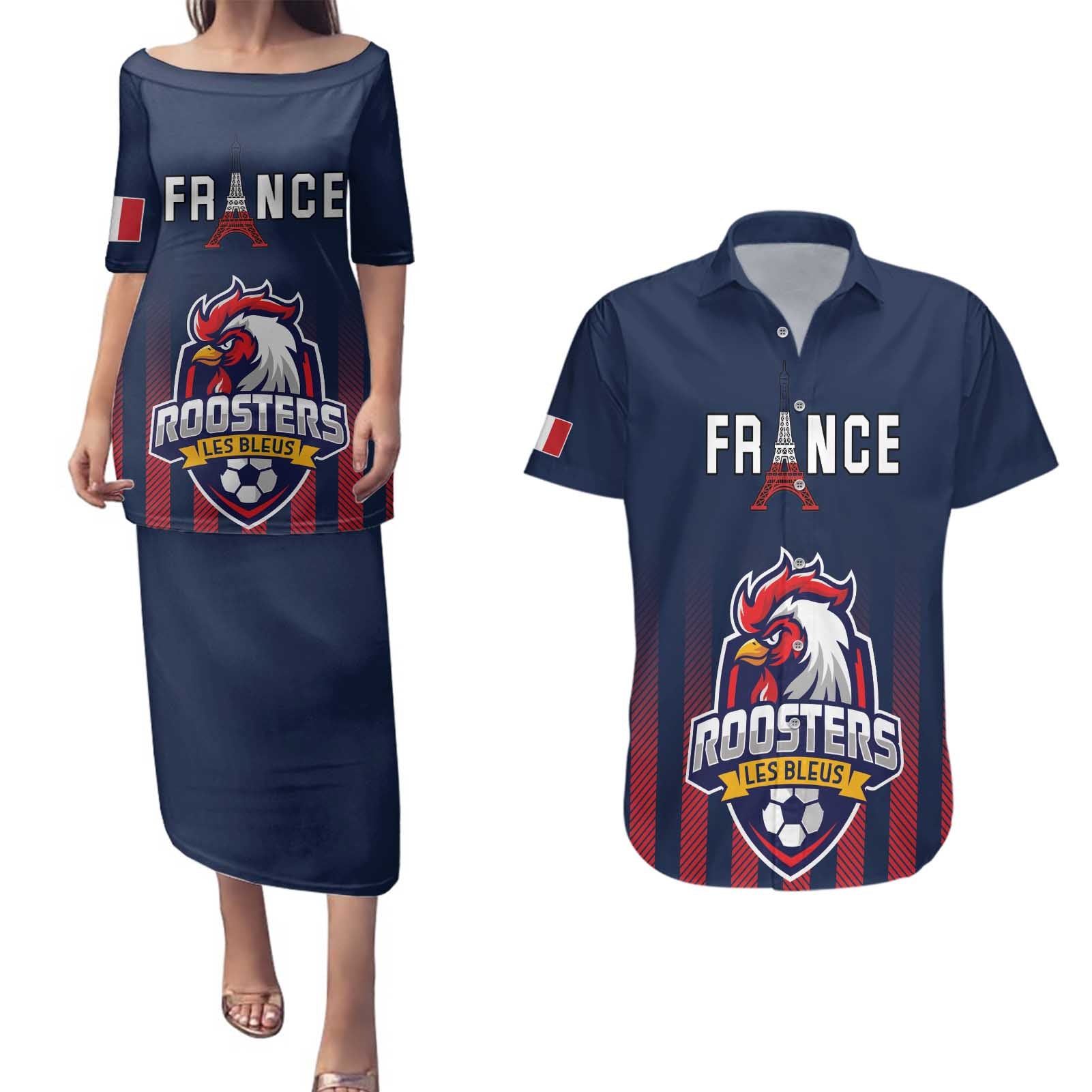 Custom France Football Couples Matching Puletasi and Hawaiian Shirt Les Bleus Gallic Rooster