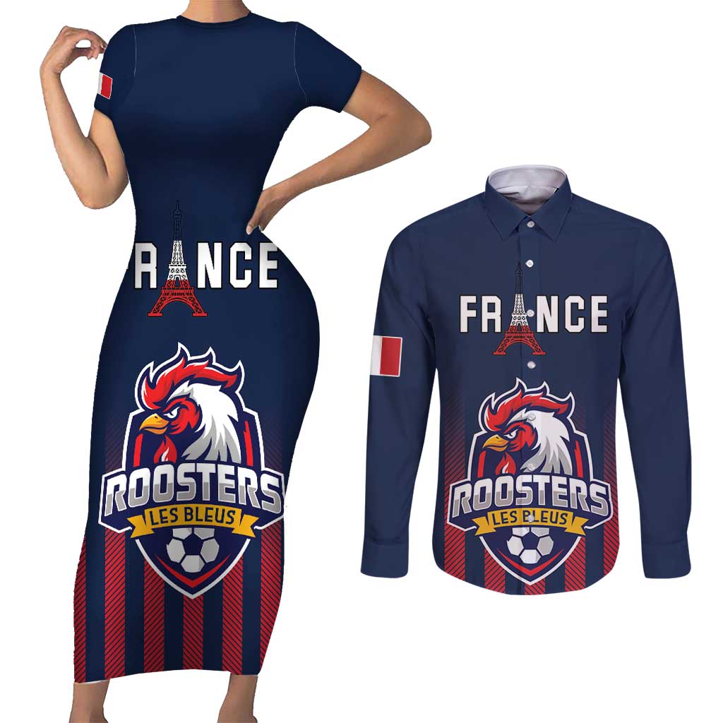 Custom France Football Couples Matching Short Sleeve Bodycon Dress and Long Sleeve Button Shirt Les Bleus Gallic Rooster