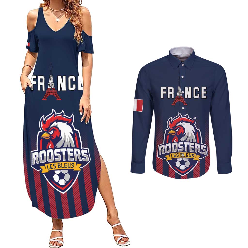 Custom France Football Couples Matching Summer Maxi Dress and Long Sleeve Button Shirt Les Bleus Gallic Rooster