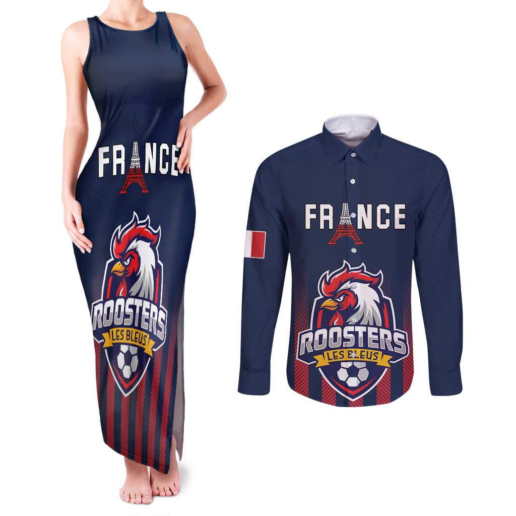 Custom France Football Couples Matching Tank Maxi Dress and Long Sleeve Button Shirt Les Bleus Gallic Rooster