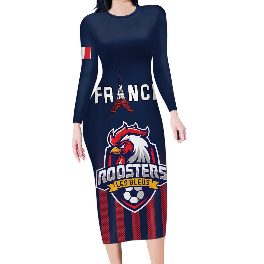 Custom France Football Long Sleeve Bodycon Dress Les Bleus Gallic Rooster