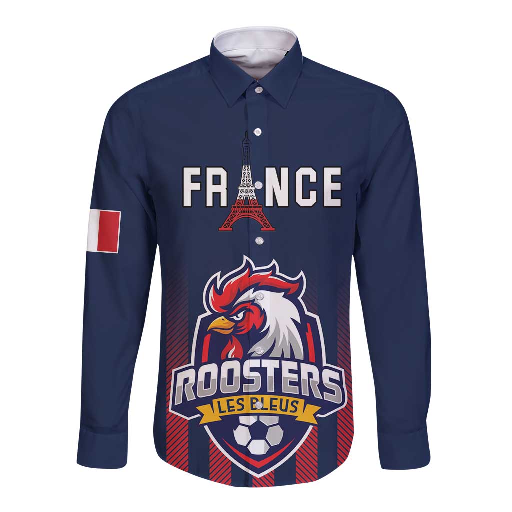 Custom France Football Long Sleeve Button Shirt Les Bleus Gallic Rooster