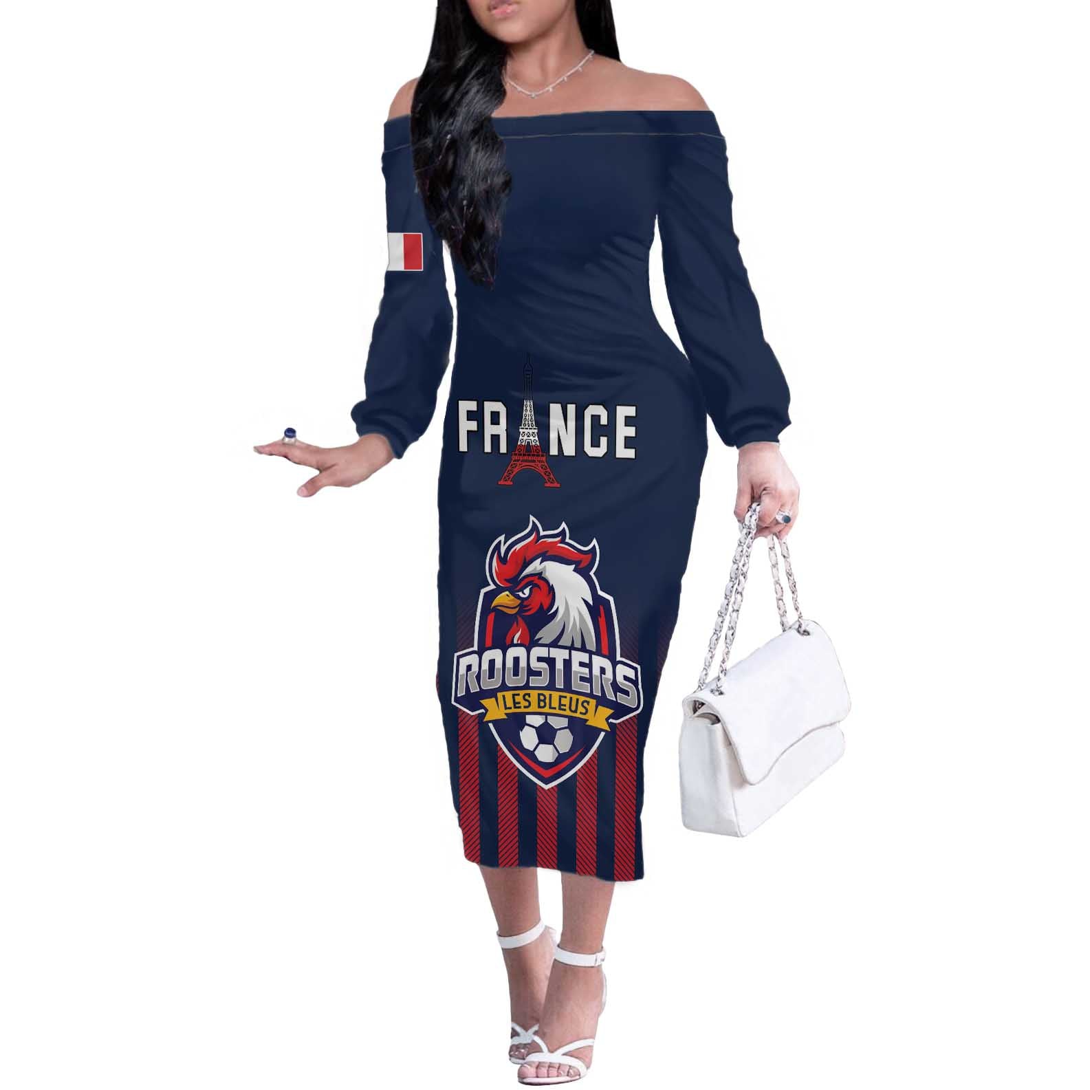 Custom France Football Off The Shoulder Long Sleeve Dress Les Bleus Gallic Rooster