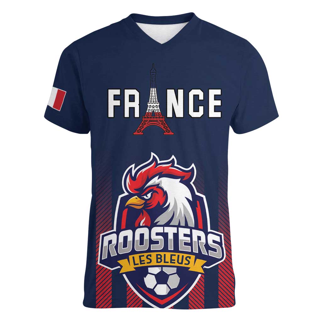 Custom France Football Women V-Neck T-Shirt Les Bleus Gallic Rooster