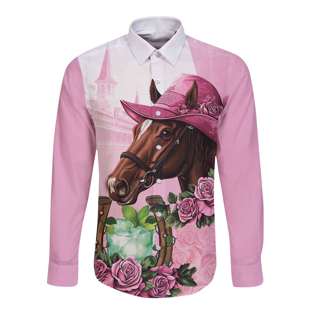 Pink long-sleeve button shirt with horse graphic, roses, and top chest panel