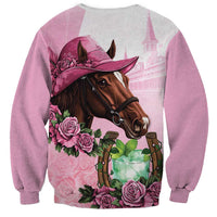 Unisex crewneck sweatshirt with cowboy-hat horse graphic, lavender and light gray back